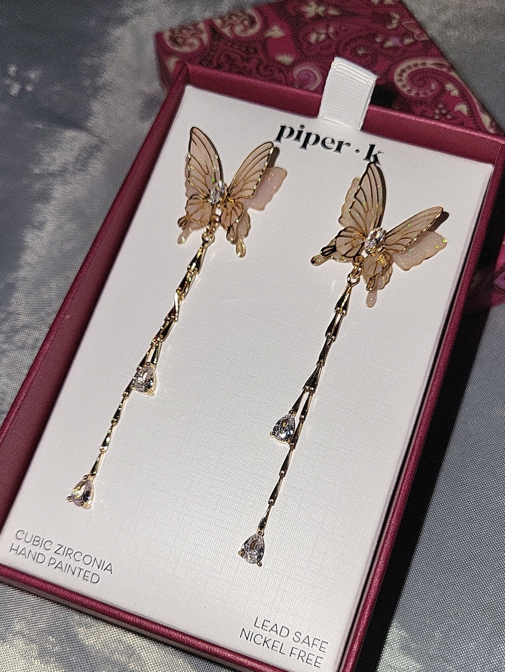 Piper K Gold-Tone Butterfly Drop Earrings with Blush Pink Wings BNIB TE M